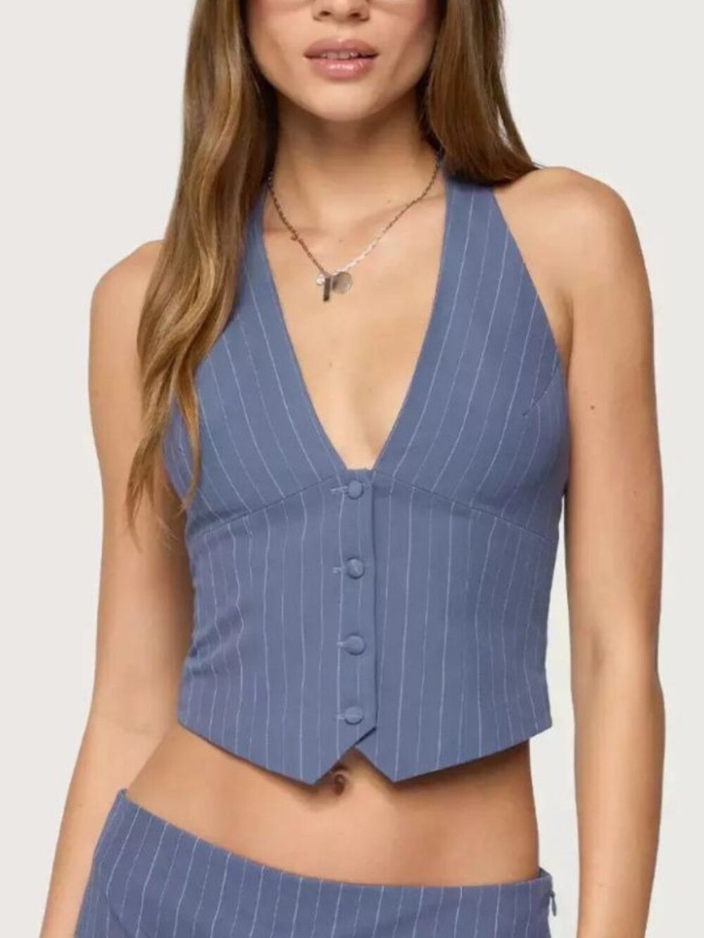 Light Blue Pinstripe Halter Vest Top Deep V Size Small